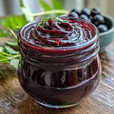 A glass jar of homemade Black Currant Vinaigrette next to fresh shallots and a bottle of olive oil.