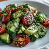Fresh cucumber tomato avocado salad with lemon dressing, a vibrant and healthy vegetarian dish perfect for summer.  
