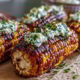 BBQ corn in foil with herb butter, golden kernels grilled to perfection and glistening with melted herb butter.