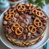 Salty-sweet Father's Day Chocolate Peanut Butter Pretzel Cake, ready for a celebration.
