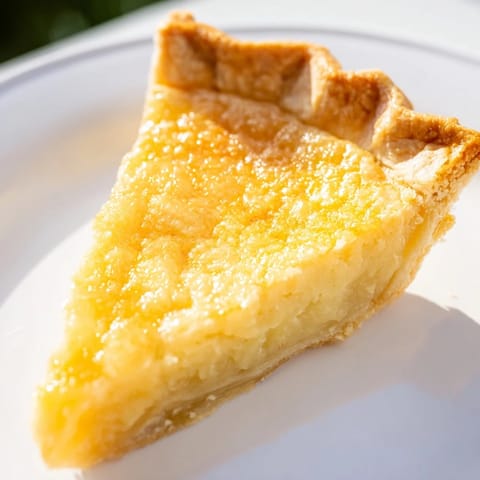 A slice of warm Chess Pie with a delightful sugary crust and soft filling awaits.