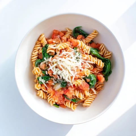 Golden rotini pasta tossed with juicy diced tomatoes and fresh wilted spinach in a savory broth, served steaming in a rustic bowl.  