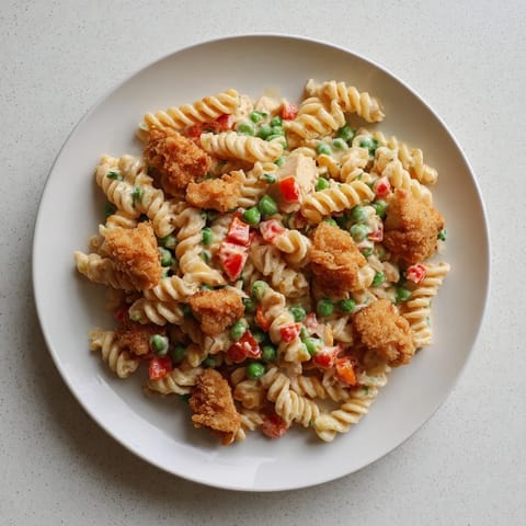 Freshly fried Crispy Chicken Ranch Pasta Salad with rotini, peas, and creamy ranch dressing on a picnic table.  