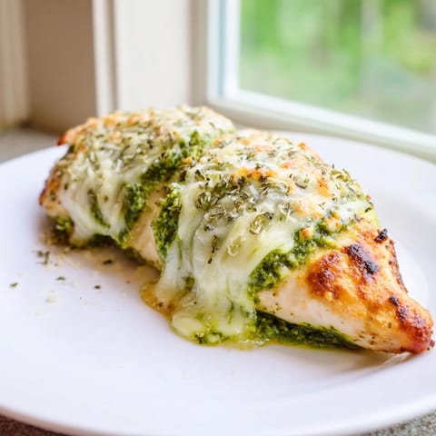 Golden baked Mozzarella & Pesto Stuffed Chicken breasts, oozing with melted cheese and fragrant basil pesto, served alongside roasted vegetables.