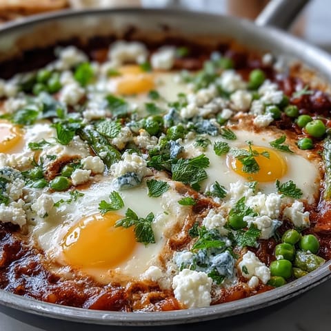 Bright spring shakshuka, showcasing tender peas and broad beans, served with crusty bread.