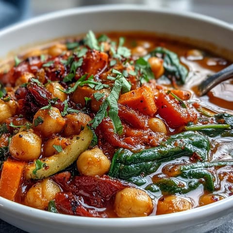 Hearty Spicy Chickpea Stew with vibrant vegetables, steaming hot and ready.