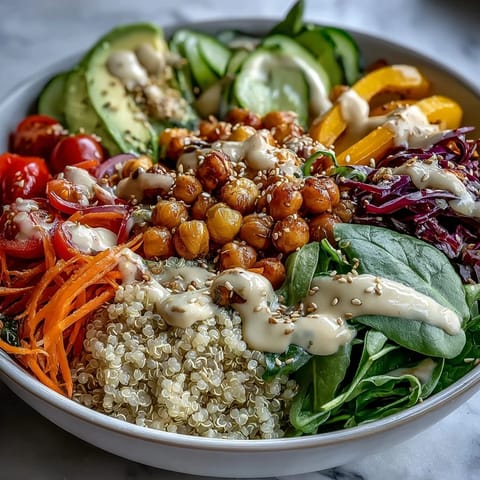 This vibrant quinoa bowl features crisp red cabbage, carrots, and a creamy tahini dressing drizzle. 