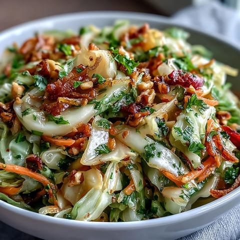 Warm Cooked and Loved Cabbage Salad with crisp vegetables and tangy dressing.