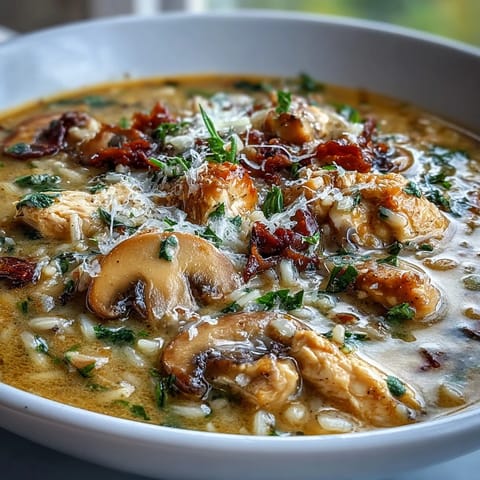 Spoon lifting a hearty portion of Parmesan Mushroom Chicken and Wild Rice Soup with tender chicken.