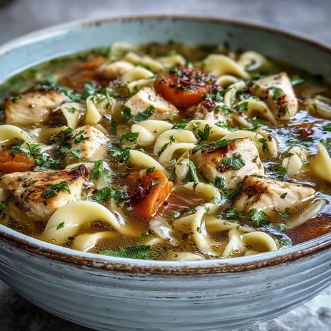 Steaming bowl of homemade Chicken Noodle Soup with tender chicken, carrots, and egg noodles in a savory broth.