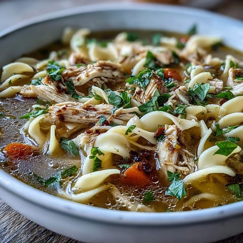 Hearty bowl of Chicken and Noodle Soup featuring chunky vegetables and soft noodles, ready to serve alongside crusty bread for dipping.