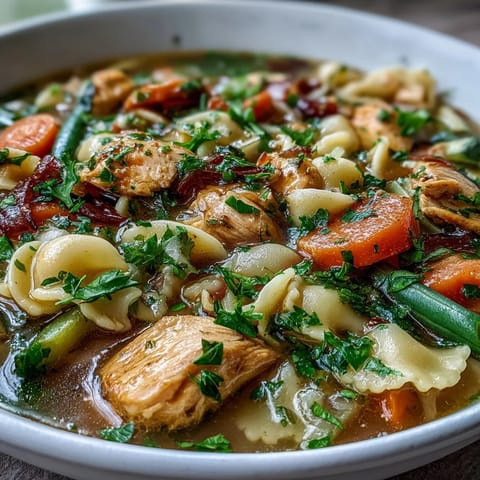 Close-up of hearty Pasta Soup With Chicken and Vegetables featuring colorful veggies and al dente pasta shapes.