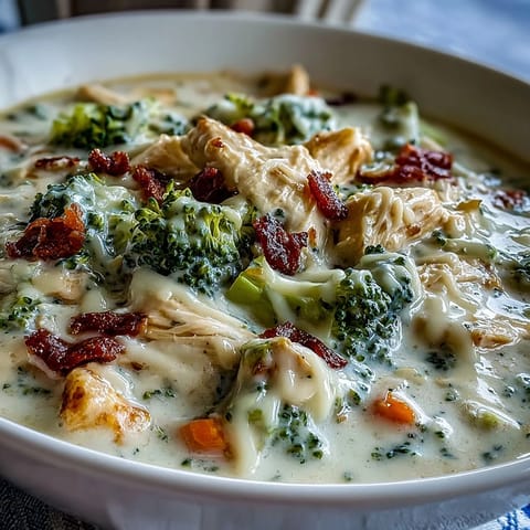 Steaming bowl of Best Chicken Broccoli Cheddar Soup featuring tender chicken and vibrant green broccoli florets.