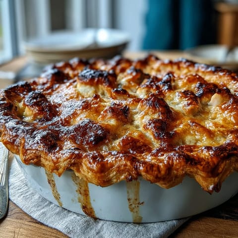 Fresh thyme and sautéed leeks garnish a slice of homemade Chicken and Leek Pie, served with mashed potatoes.