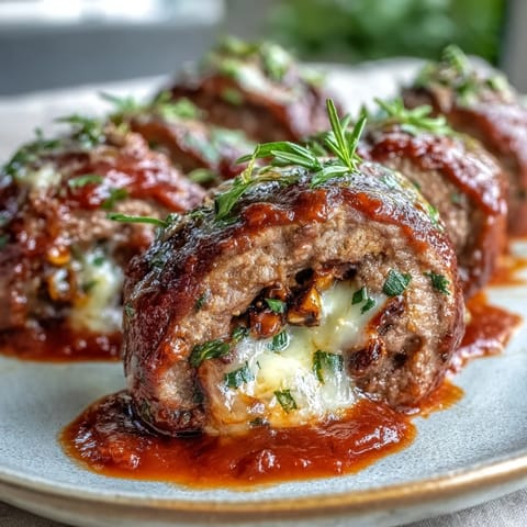 Freshly seared Sicilian-Style Braciole stuffed with herbs and sweet raisins, ready to be sliced and served over creamy polenta.  