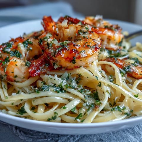 Sizzling shrimp simmering in a lemony garlic butter sauce, tossed with steaming linguine and bright parsley, ready to serve with extra lemon on the side.