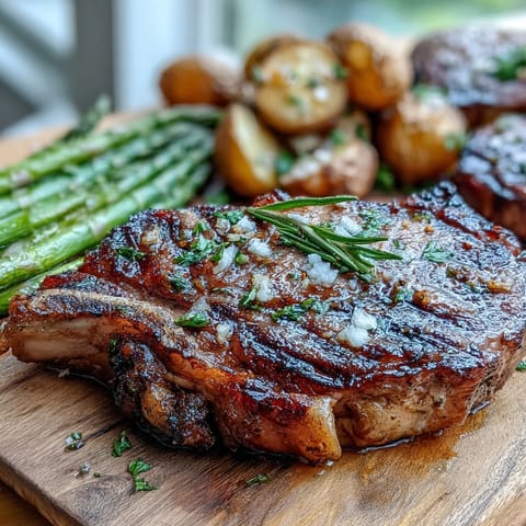 Sizzling bone-in rib eye hot off the grill, served with golden baby potatoes and grilled asparagus for a classic steakhouse-style dinner.  