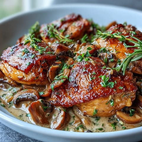 Golden chicken thighs and drumsticks simmered in Coq au Vin Rosé, with aromatic herbs, carrots, and leeks for a comforting French-inspired dinner.