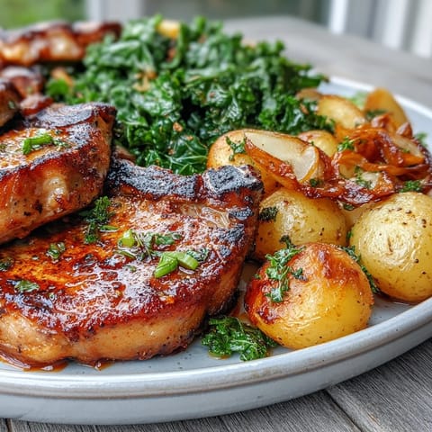Succulent pork chops marinated in smoky pimentón and Aleppo pepper, served with roasted potatoes and wilted greens.