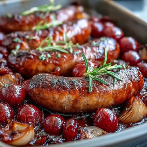 Golden brown Italian sausages sit nestled with plump, roasted red grapes, a tempting sight.