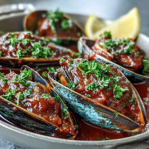 Steam rises from a skillet of Smoky Mussels Pomodoro, with tomato sauce clinging to the open shells.