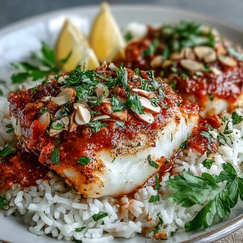 Spiced almonds add crunch to Tomato-Roasted Cod plated on aromatic ginger rice with fresh parsley.