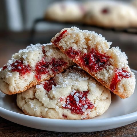 Tender Soft Chewy Raspberry Sugar Cookies studded with juicy berries on a white plate.