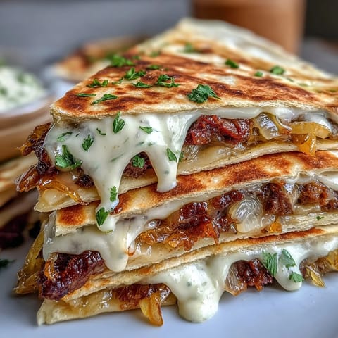 Golden-brown Cheesy Griddled Smashburger Quesadillas are sliced into wedges, showcasing melted cheddar and American cheese over thin patties.