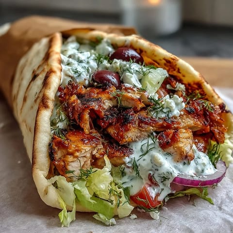 Golden warmed pita breads generously stuffed with juicy chicken, crunchy lettuce, and creamy feta tzatziki sauce. 