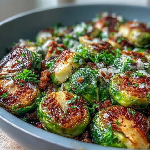 Tender Brussels sprouts and seasoned ground turkey mingle with garlic and paprika in this savory one-pan skillet meal.