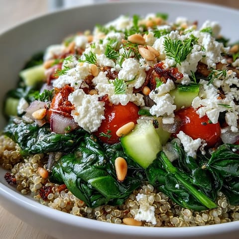 A vibrant Spinach and Feta Grain Bowl with fluffy quinoa, sautéed spinach, and creamy crumbled feta.