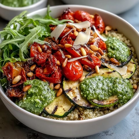 Arugula Pesto Bowl featuring fluffy quinoa, shaved Parmesan, and toasted pine nuts for texture.  