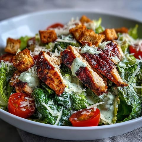 Freshly chopped crisp romaine lettuce topped with golden croutons, shaved Parmesan, and grilled chicken slices drizzled with creamy homemade Caesar dressing in a colorful bowl.  