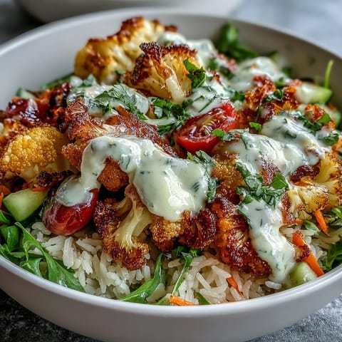 Golden-brown herb-roasted cauliflower florets, freshly roasted and paired with fluffy white rice, vibrant cherry tomatoes, cucumber, and shredded carrots in a bowl.