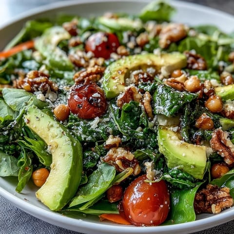 Overhead view of a nutritious Mixed Greens Power Bowl featuring chickpeas, toasted walnuts, and a zesty lemon vinaigrette drizzle.