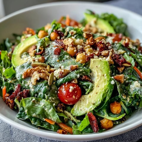 A vibrant Mixed Greens Power Bowl layered with fresh spinach, arugula, juicy tomatoes, cucumber, and creamy avocado slices.