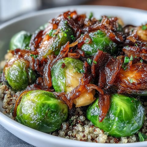 Golden roasted Brussels sprouts and caramelized red onions rest atop fluffy quinoa, ready for a tangy balsamic drizzle in this healthy lunch bowl.