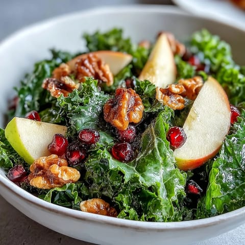 Vibrant bowl of massaged kale topped with crisp apple slices, juicy pomegranate seeds, and crunchy chopped walnuts.  