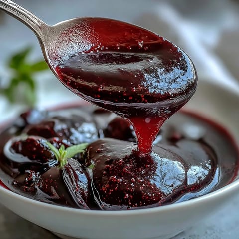 Bright purple Black Currant Sauce simmering in a stainless steel saucepan with a wooden spoon, releasing sweet steam.