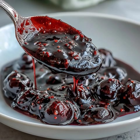 Silky smooth Black Currant Sauce drizzled generously over a slice of creamy vanilla cheesecake on a dessert plate.