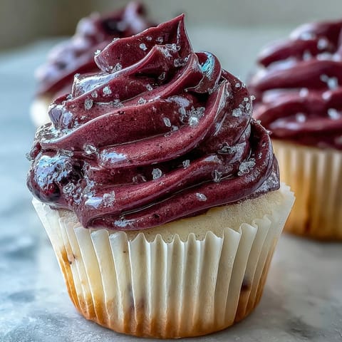 Luscious Black Currant Frosting swirls onto a vanilla cupcake, boasting deep purple hues and tangy-sweet aroma.