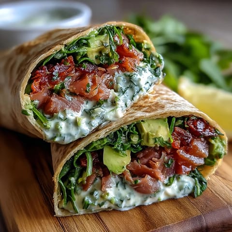 Creamy avocado blends with flaky tuna, wrapped with baby spinach for a quick, nutritious lunch idea.