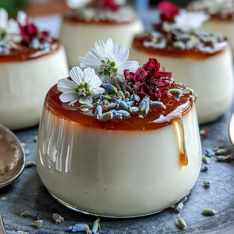 Silky Italian panna cotta infused with lavender and honey, served chilled with a vibrant edible flower garnish.