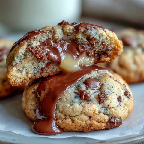 Chewy chocolate chip cookies enveloping Cadbury Creme Eggs, with melted candy centers oozing from each bite.
