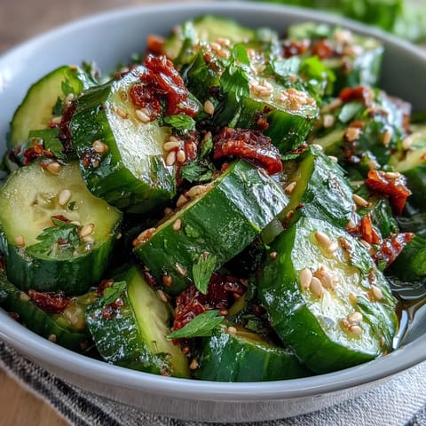 A vibrant smashed cucumber salad drizzled with aromatic garlic chili oil, topped with sesame seeds.