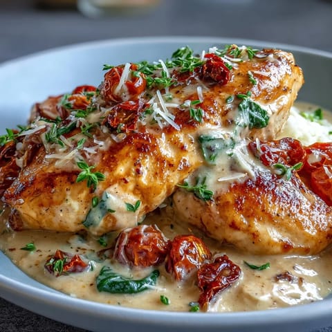 Creamy Tuscan Chicken with Sun-Dried Tomatoes in a rich, garlicky sauce, spinach, and Parmesan.