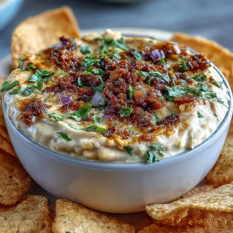 Creamy elote dip with charred corn, cotija cheese, and jalapeño, served with crispy tortilla chips for a zesty appetizer.