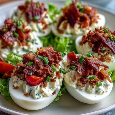 Creamy BLT Deviled Eggs topped with crispy bacon crumbles, juicy tomatoes, and fresh lettuce on a white platter.