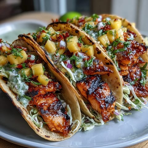 Grilled salmon tacos with mango salsa feature flaky fish topped with zesty tropical fruit and fresh herbs.