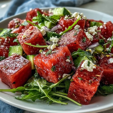 Colorful Watermelon and Arugula Salad topped with crumbled feta, fresh mint, and crunchy nuts—light, healthy, and bursting with flavor.  